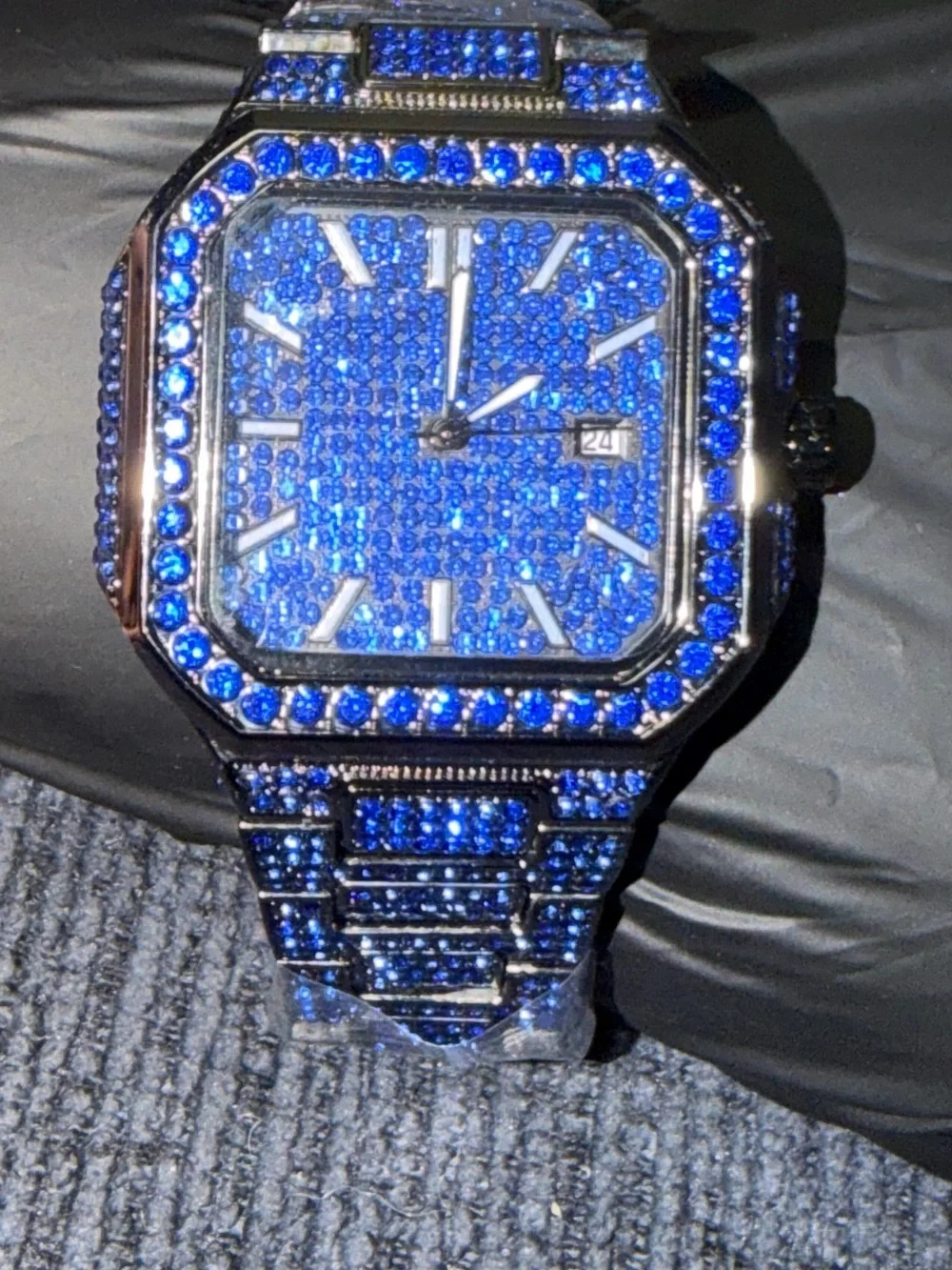Men's Blue Crystal Iced-Out Square Watch - Luxury Statement